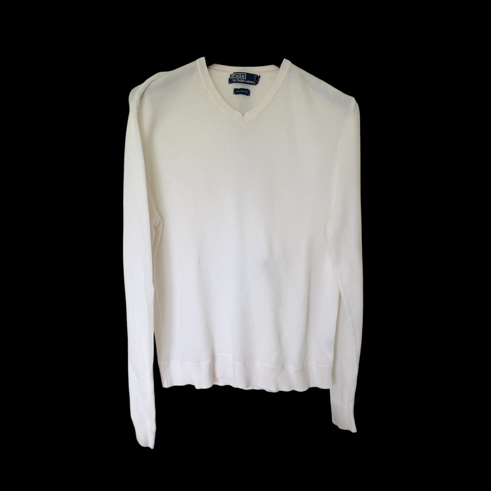 90's Polo Ralph Lauren White 100% Cotton V-Neck Knit Sweater L Hole